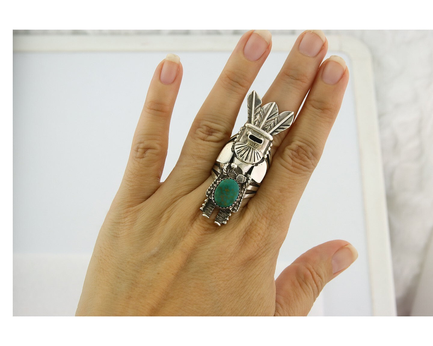 Vintage Navajo Ring 925 Sterling Silver Turquoise Signed Broken Arrow Size 7.25