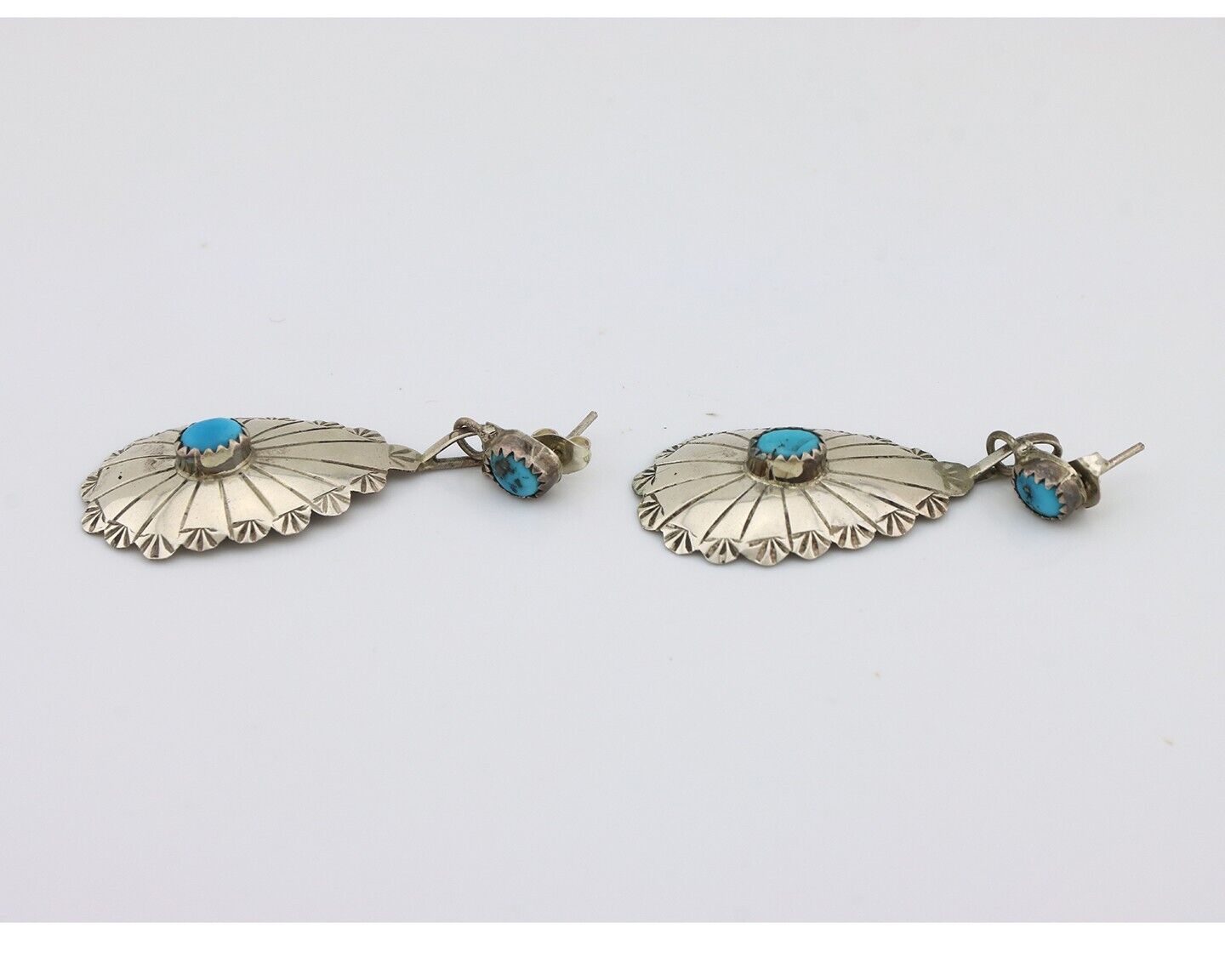 Navajo Concho Earrings 925 Silver Sleeping Beauty Turquoise Native Artist C.80s