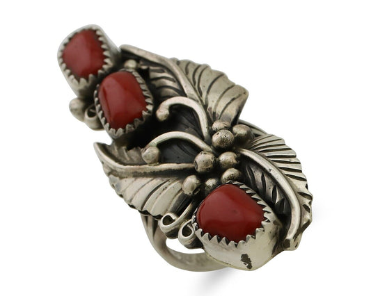 Navajo Ring 925 Silver Natural Mediterranean Coral Artist Signed JH C.80's