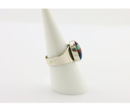 Zuni Inlaid Ring 925 Silver Mixed Natural Gemstones Native American Artist C.80s