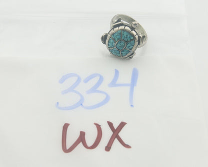 Navajo Ring 925 Silver Inlaid Turtle Turquoise C.80's Size 8.0