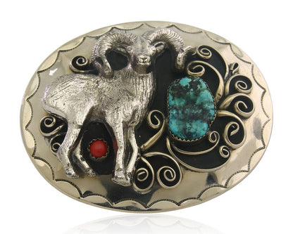 Navajo Belt Buckle .999 Nickel Buffalo Gemstone Signed 2.5 x 3.0 in C.80's