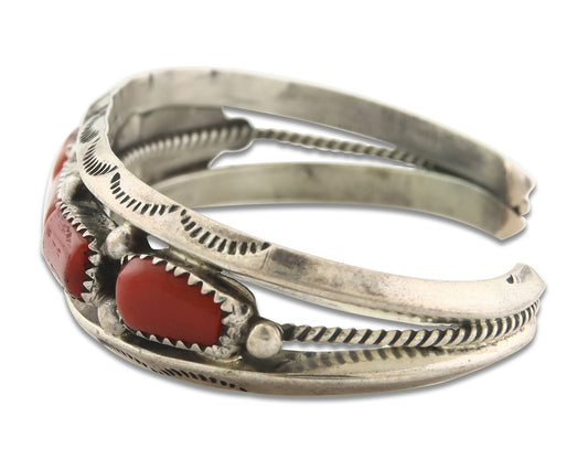 Vintage Navajo Bracelet 925 Silver Red Coral handmade Signed P