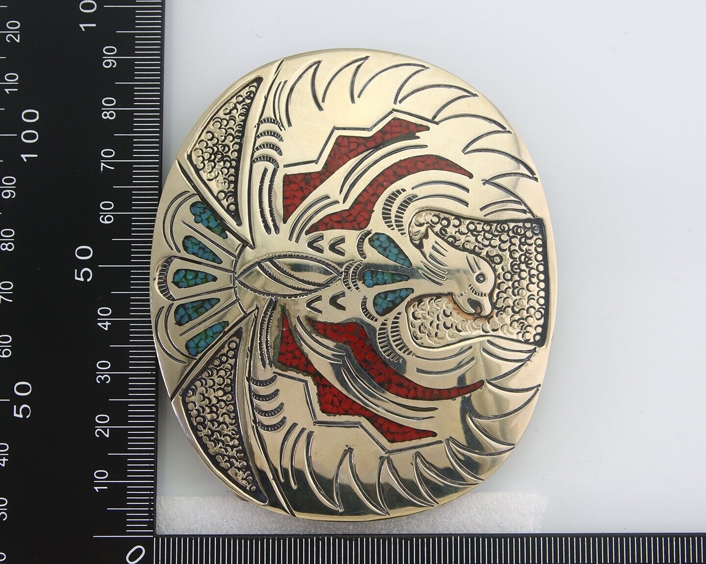 Navajo Belt Buckle .999 Nickel Buffalo Gemstone Signed Chee Keams 3x3.5 in C.80s