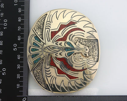 Navajo Belt Buckle .999 Nickel Buffalo Gemstone Signed Chee Keams 3x3.5 in C.80s