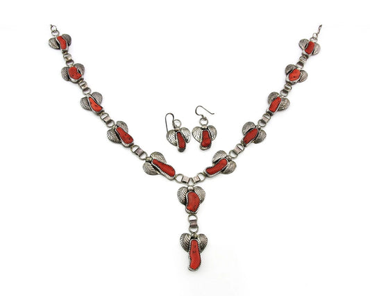 Navajo Necklace Earring Set 925 Sterling Silver Coral Vintage Signed Circle J