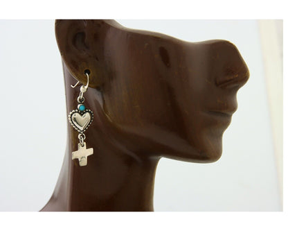 Navajo Earrings 925 Silver Heart Cross Turquoise Native American Artist C.80's
