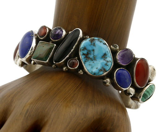 Navajo Bracelet .925 Silver Natural Mined Gemstones Artist G Billy Cuff C.80's