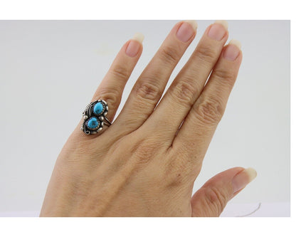 Navajo Ring 925 Silver Natural Blue Turquoise Artist Signed SC C.80's Size 4.0