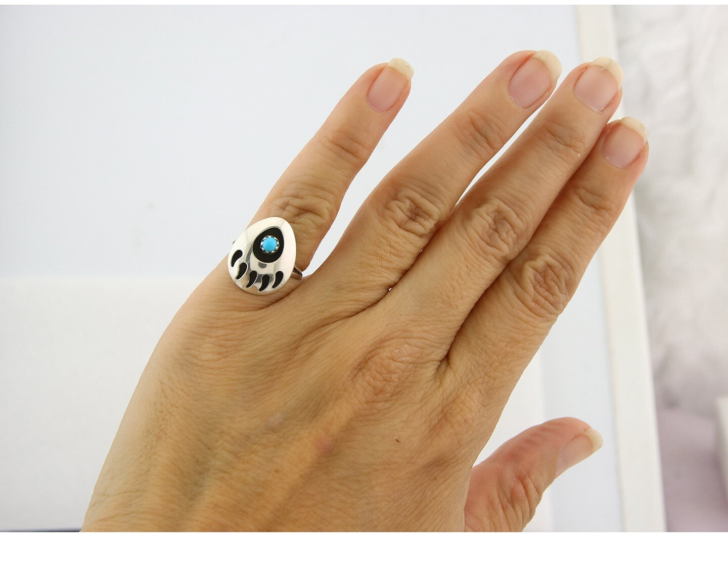 Navajo Paw Ring Sterling Silver Authentic Turquoise Handmade Size 4.0