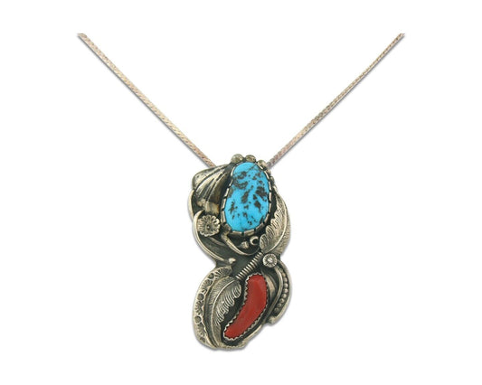 Vintage Navajo Necklace 925 Silver Turquoise & Coral Artist Signed Olson Jake Jr