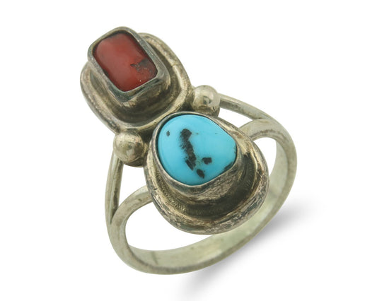 Vintage Navajo Ring 925 Sterling Natural Coral & Turquoise Native Artist Sz 8.0