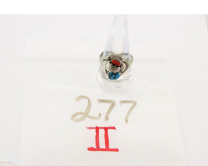 Navajo Ring 925 Sterling Turquoise & Coral Native Artist C.80's Size 10.75