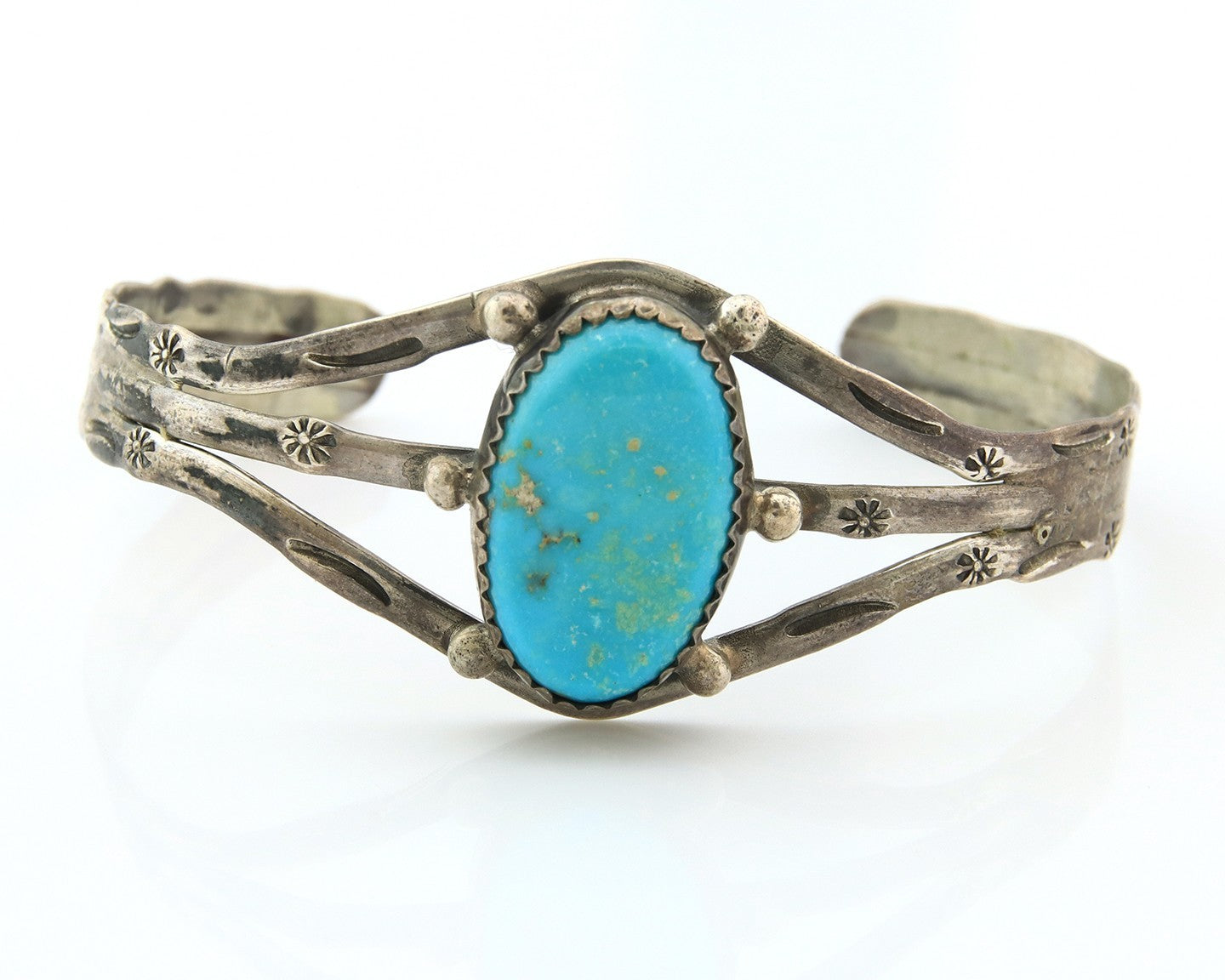 Navajo Bracelet Sterling Silver Turquoise Hand Stamped Native American Artist