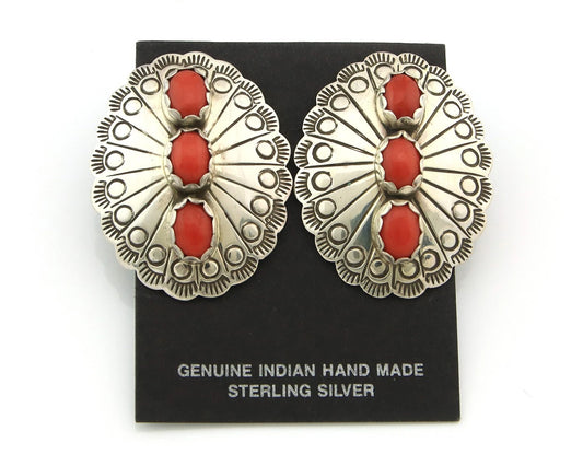Navajo Dangle Earrings Sterling Silver Natural Coral Vintage