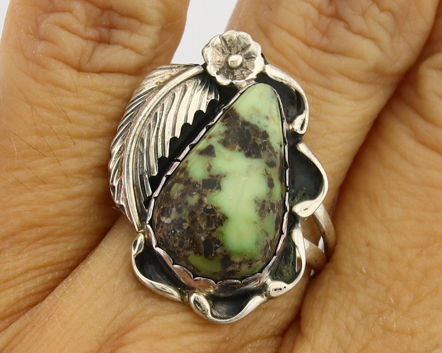 Navajo Ring 925 Sterling Silver Green Turquoise Native American Artist C.80s