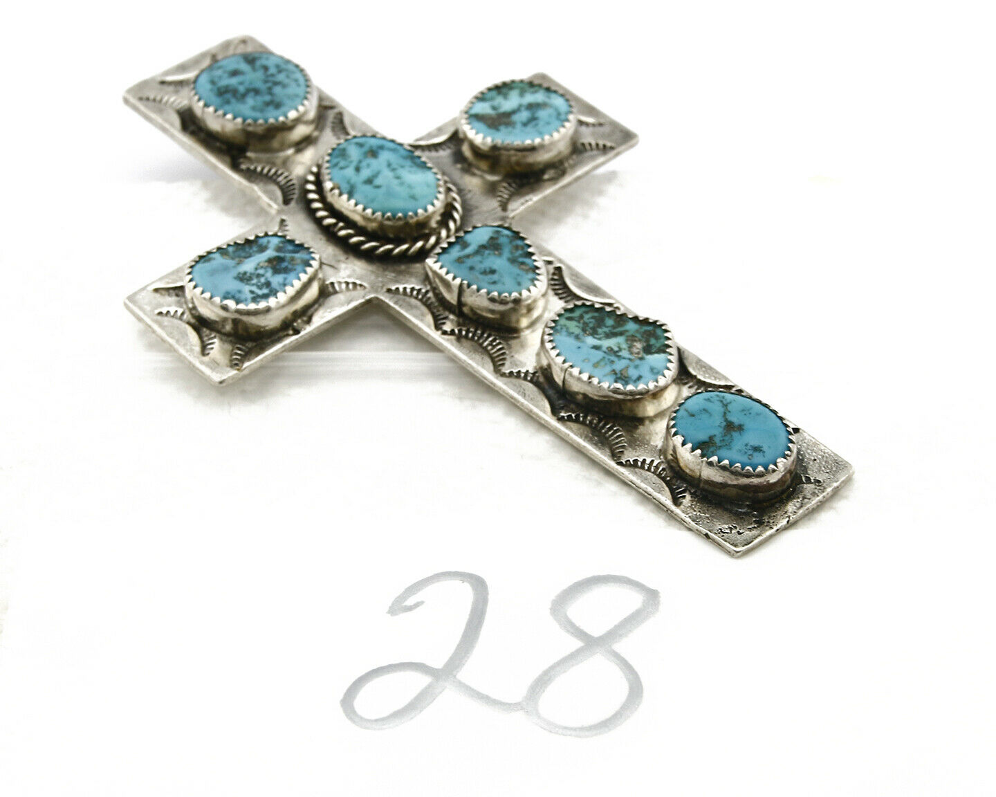 Navajo Cross Pendant .925 Silver Kingman Turquoise Artist C-E Circa 80's