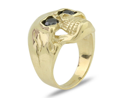 Men 14k SOLID Gold Skull Ring Lab Created Black Onyx Eyes Size 12