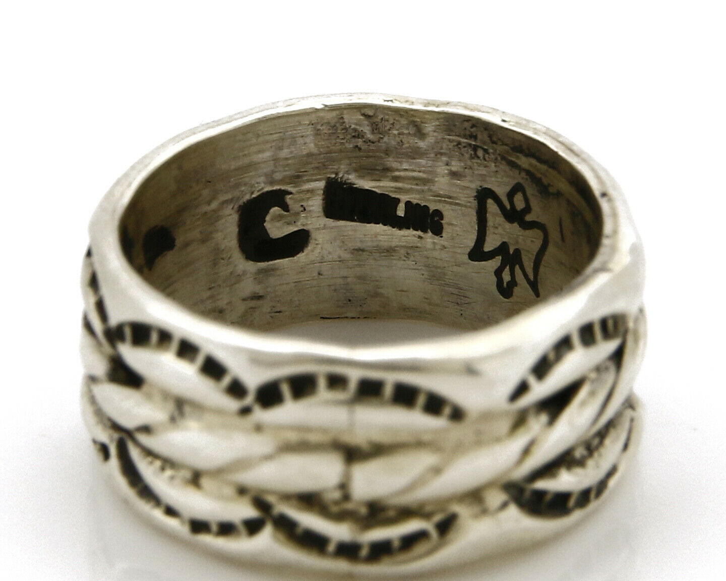 Navajo Ring .925 Silver Handmade Hand Stamped 3 Row Rope Band C.1980's Size 6.0