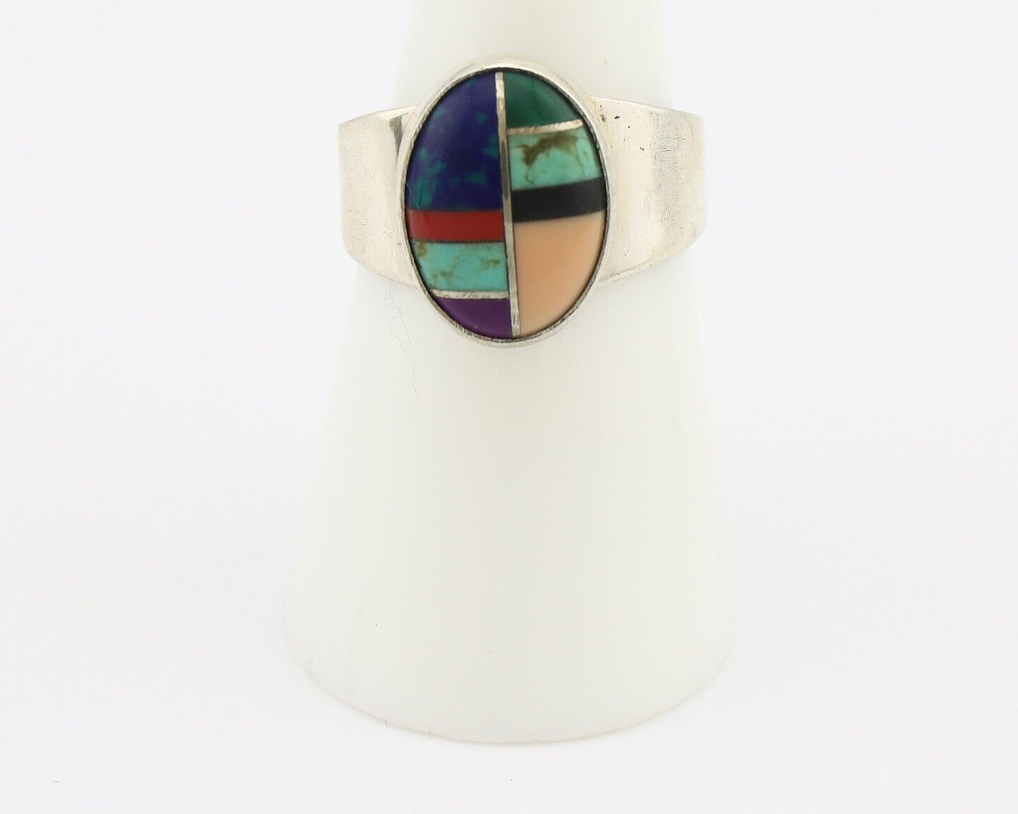 Zuni Inlaid Ring 925 Silver Mixed Natural Gemstones Native American Artist C.80s