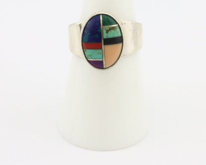 Zuni Inlaid Ring 925 Silver Mixed Natural Gemstones Native American Artist C.80s