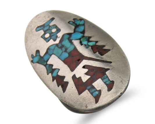 Vintage Navajo Ring 925 Silver Inlaid Coral & Turquoise Size 4.5