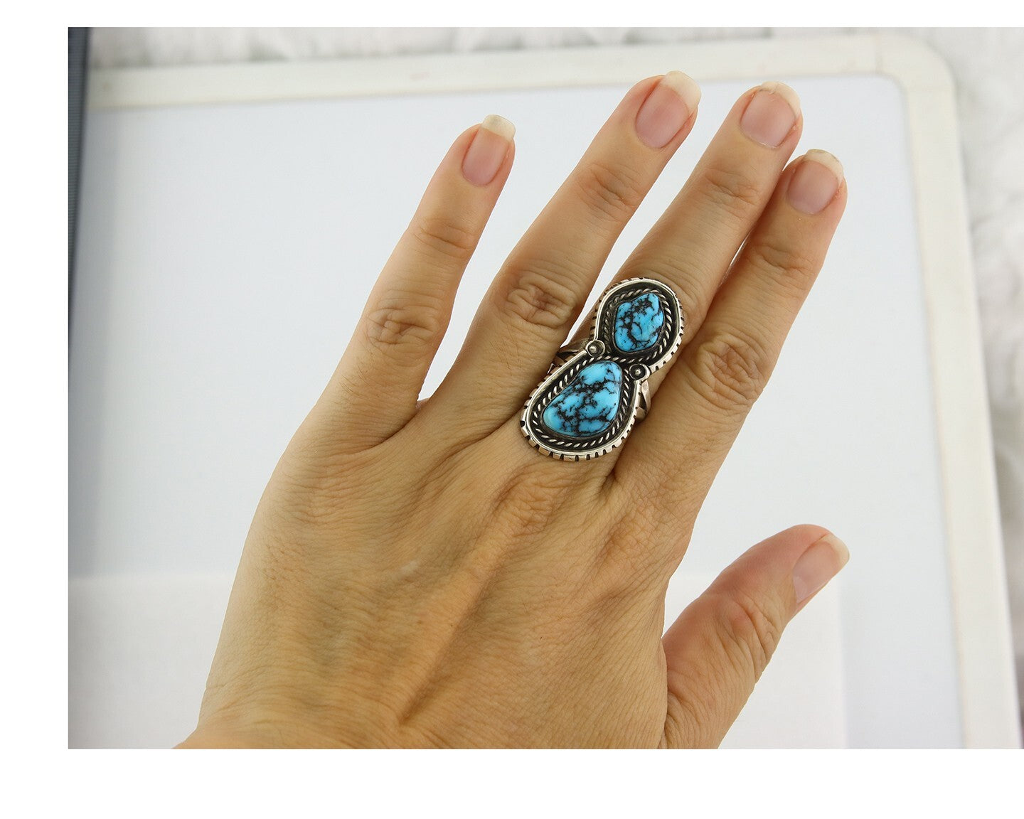 Vintage Navajo Ring 925 Sterling Silver Turquoise Signed Tom Willeto Size 6.5