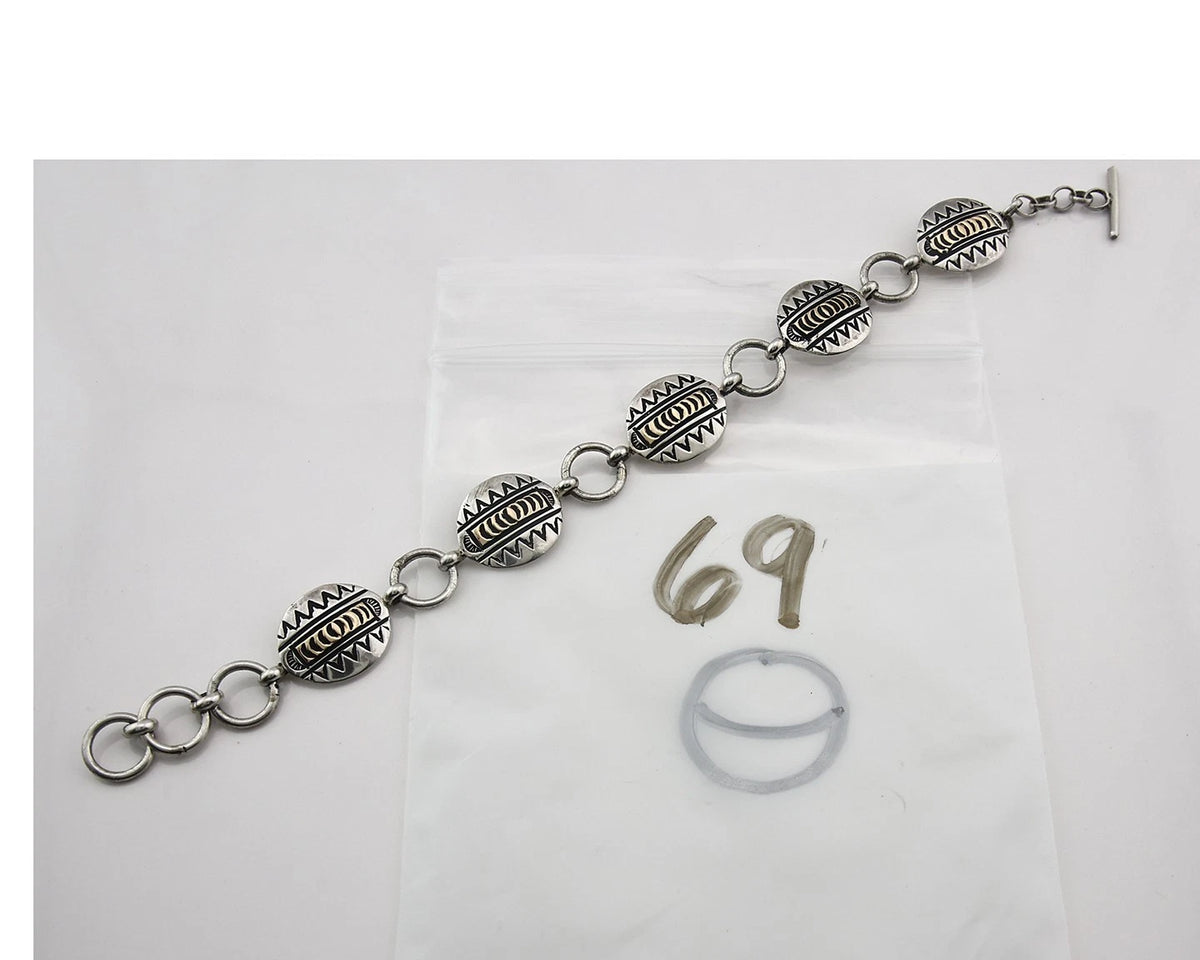 Navajo Cuff Bracelet Sterling Silver & 14k Gold Vintage Signed RT C.80's