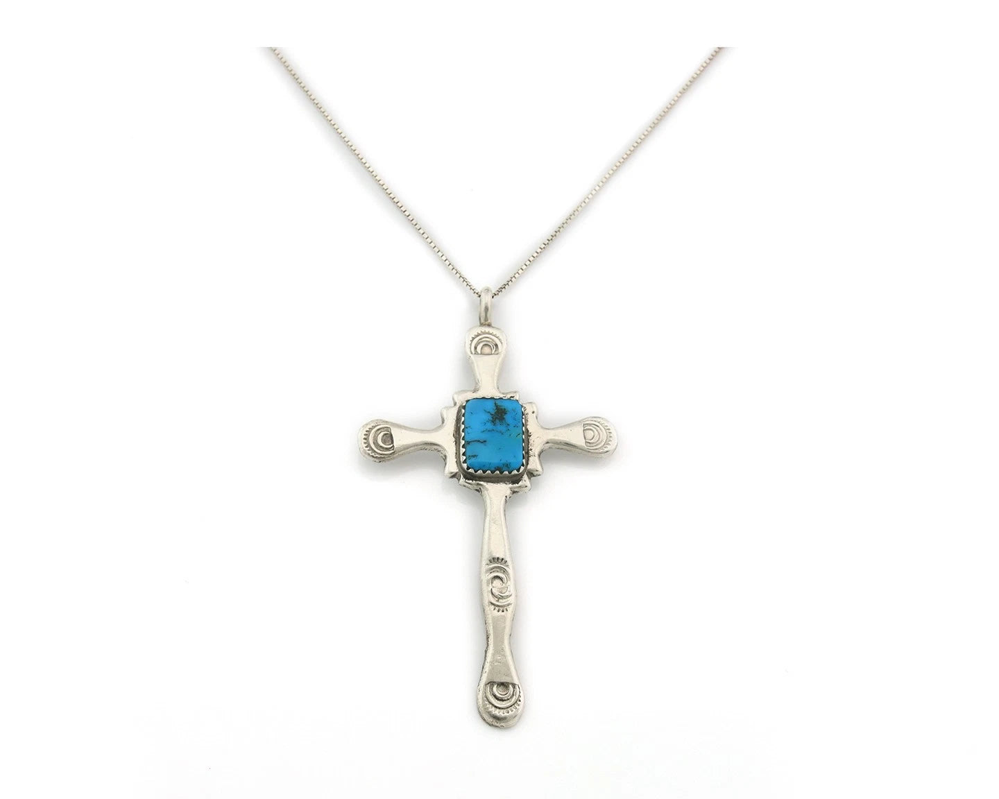 Navajo Cross Necklace Sterling Silver Turquoise Artist Signed LL Sand Cast