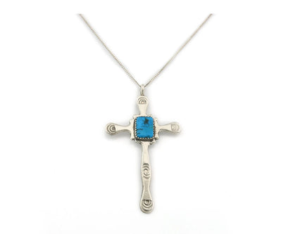 Navajo Cross Necklace Sterling Silver Turquoise Artist Signed LL Sand Cast