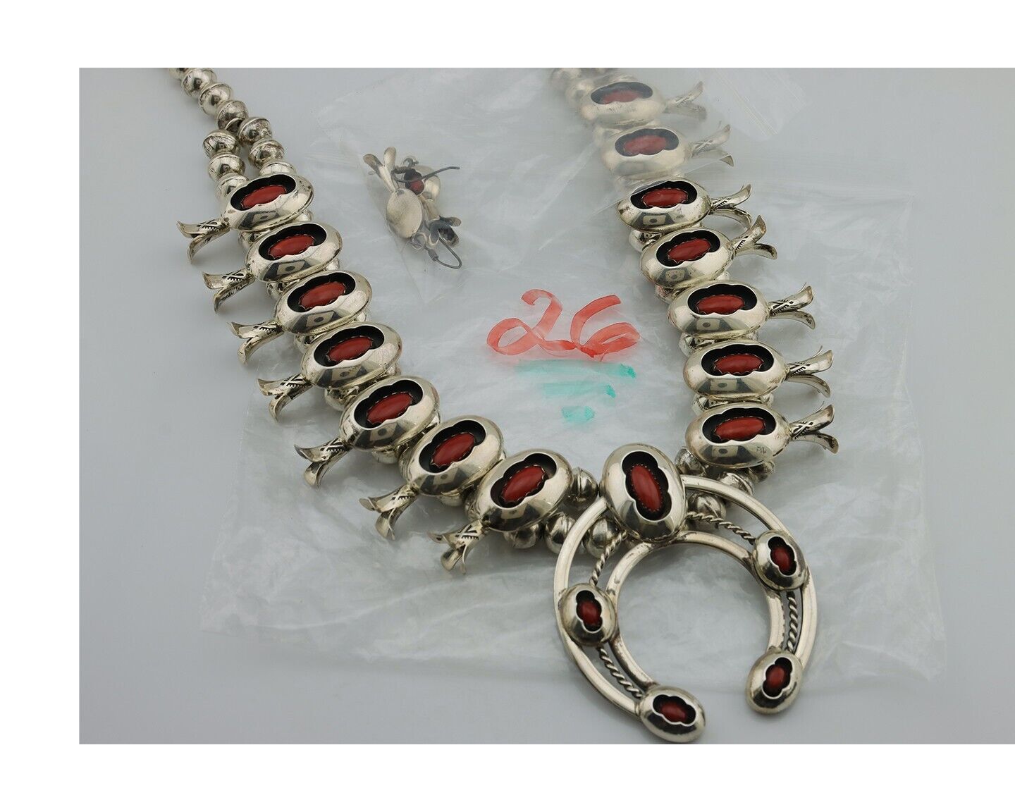 Navajo Squash Necklace 925 Silver Coral Set Artist Signed Leon F Kirlie C.80's