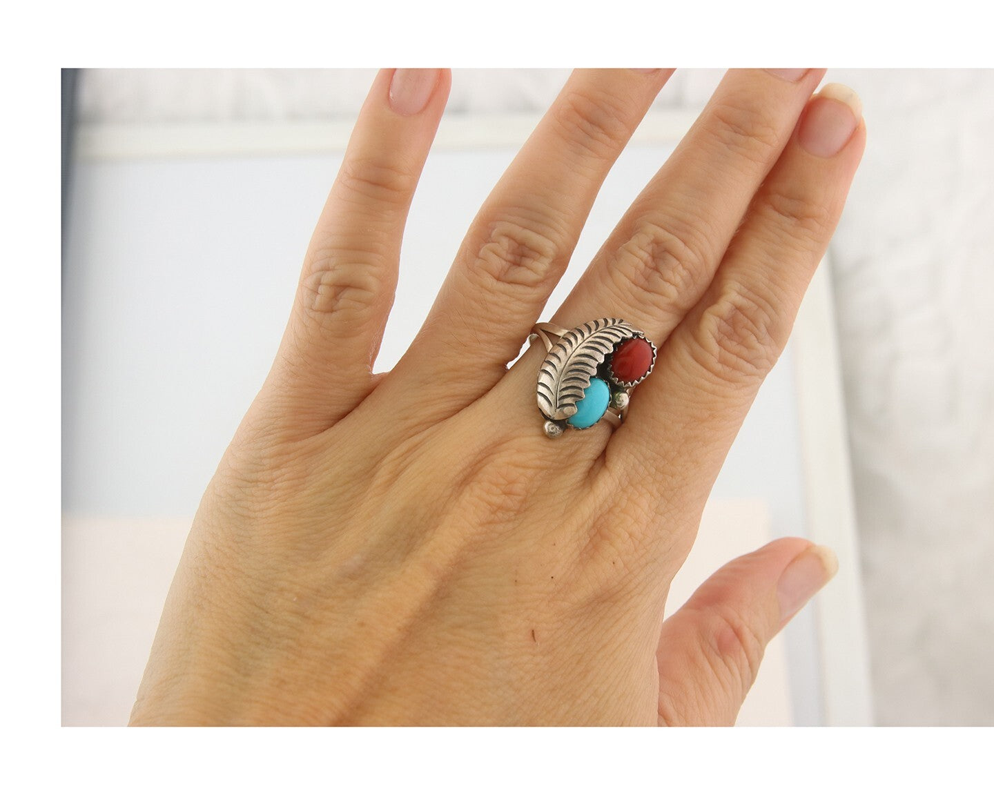 Navajo Ring 925 Sterling Natural Coral & Turquoise Signed BB C.80's Size 8.75