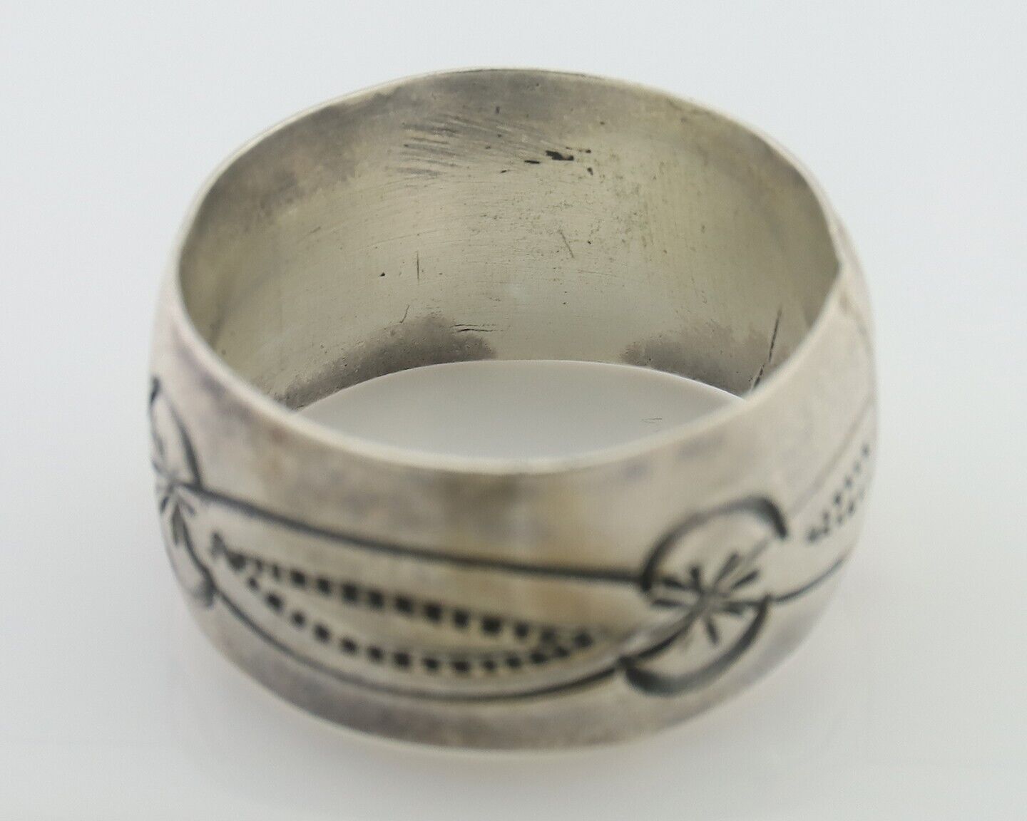 Navajo Hand Stamped Band 925 Silver 11.0 mm Signed Larry Chavez Size 8.25 C.80's