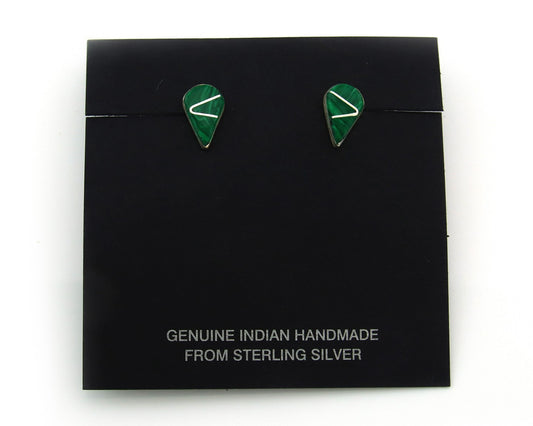Navajo Earrings Sterling Silver Inlaid Natural Malachite Vintage Handmade