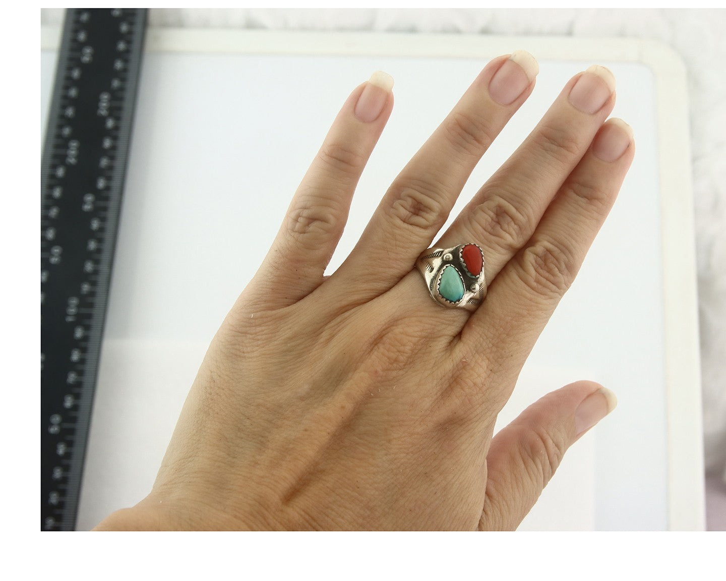 Vintage Navajo Ring 925 Sterling Silver Natural Gemstone Authentic Size 7.5