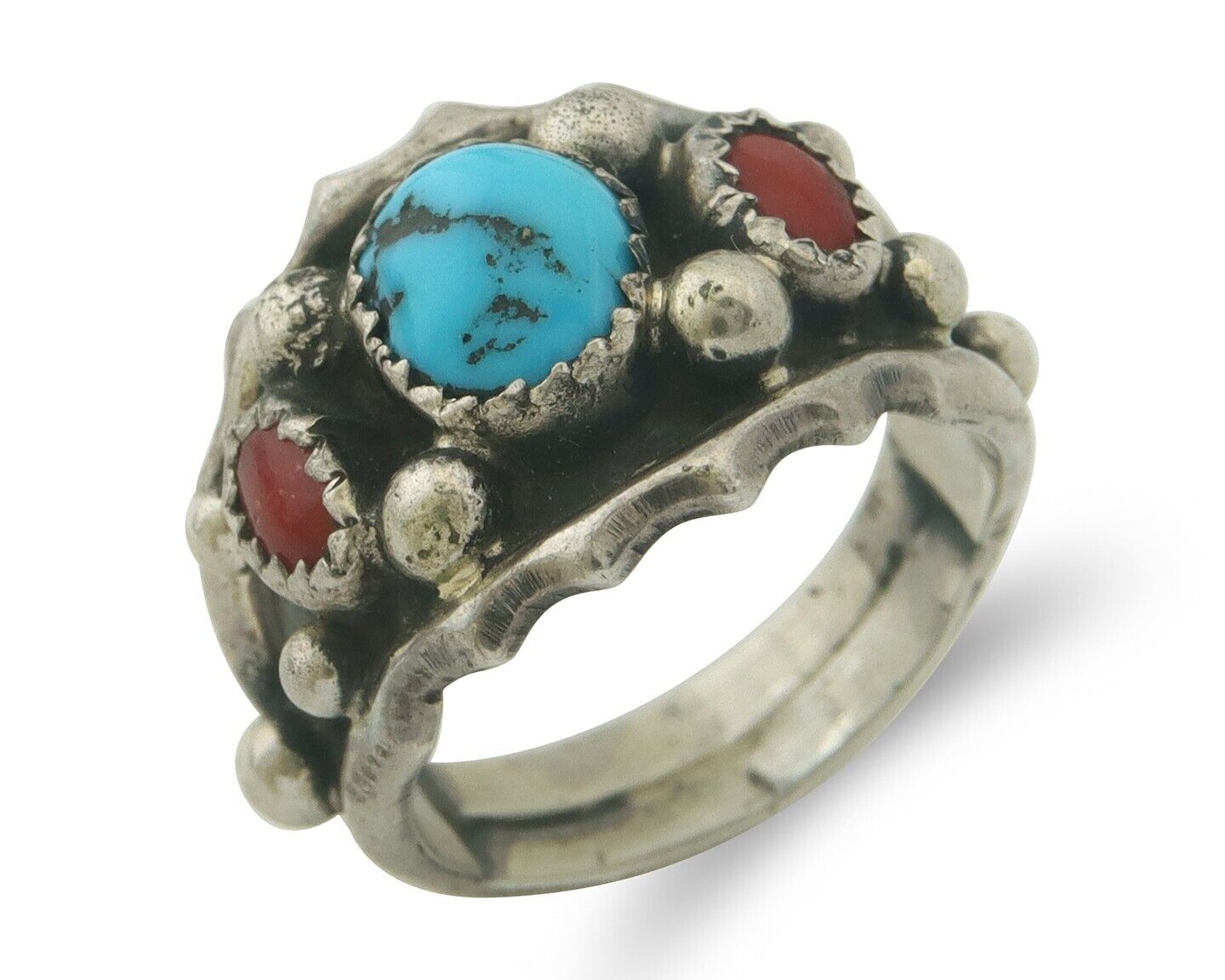 Men Navajo Ring 925 Sterling Natural Coral & Turquoise Signed C C.80's Size 8.0