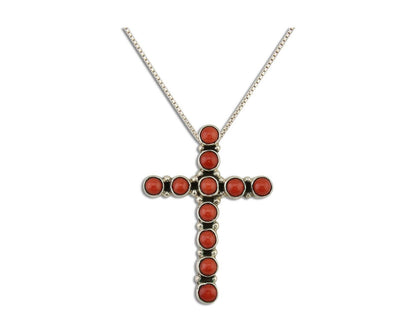 Navajo Cross Necklace 925 Silver Mediterranean Coral Signed Benjamin Piaso C.80s