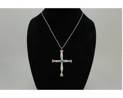 Navajo Sandcast Cross Necklace 925 Silver Turquoise Native Artist C.80's