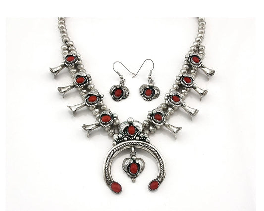Navajo Squash Necklace Earring Set Sterling Silver Vintage Handmade C.80's