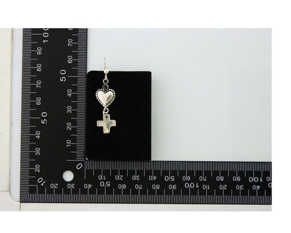 Navajo Earrings 925 Silver Heart Cross Natural Onyx Native American Artist C.80s