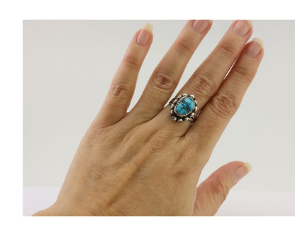 Navajo Ring 925 Silver Sleeping Beauty Turquoise Artist Signed SC C.80's