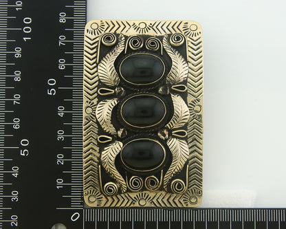 Navajo Concho Belt Buckle .999 Nickel Onyx Native American Artist 2x3 in C.80's