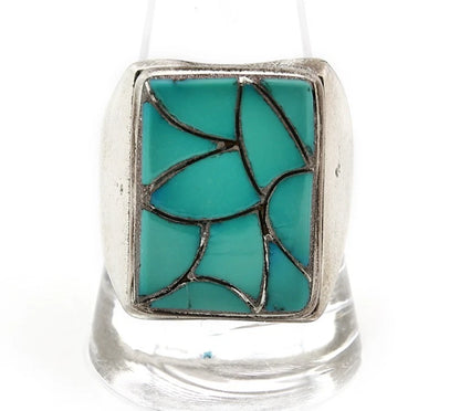 Men Zuni Ring Sterling Silver Natural Turquoise Vintage Signed ELB Size 12