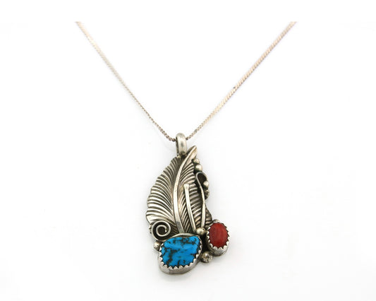 Navajo Necklace Sterling Silver Turquoise & Coral Authentic Vintage Handmade
