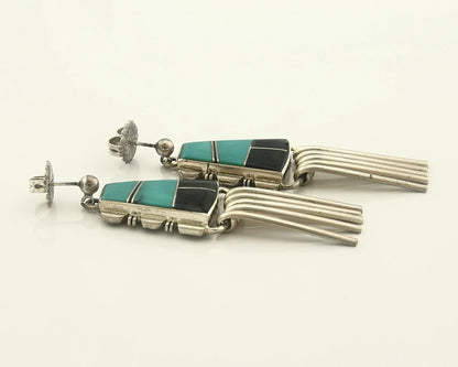 Navajo Earrings 925 Sterling Silver Natural Gemstones Signed John Charlie C.80's
