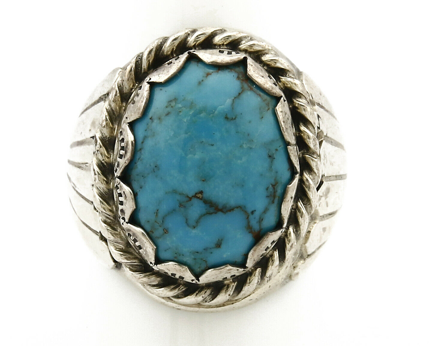 Navajo Ring .925 SOLID Silver Kingman Turquoise Signed Artist TeePee C.80's