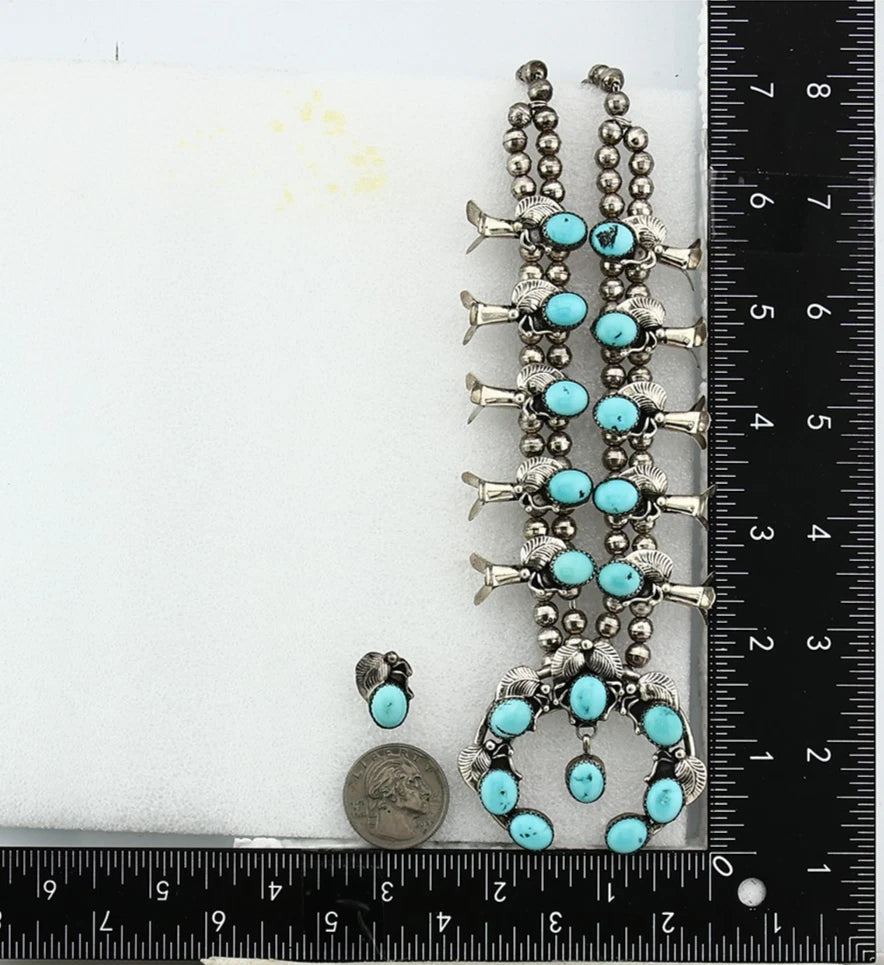 Navajo Squash Necklace Earring Set Sterling Silver Turquoise Vintage C.80's