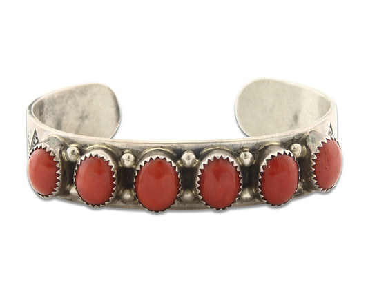 Vintage Navajo Bracelet 925 Silver Red Coral handmade Signed Harold Smith