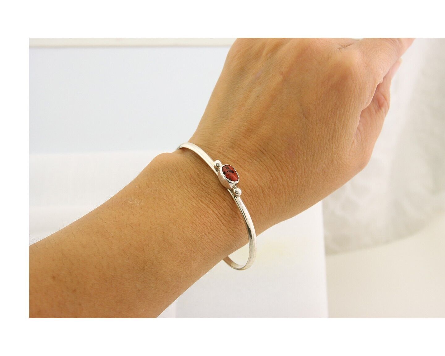 Navajo Bracelet .925 Silver Natural Red Coral Cuff Native American Artist C.80's