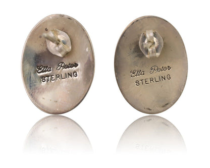 Navajo Shield Earrings 925 Silver Natural Malachite Signed Ella Peters C.80's